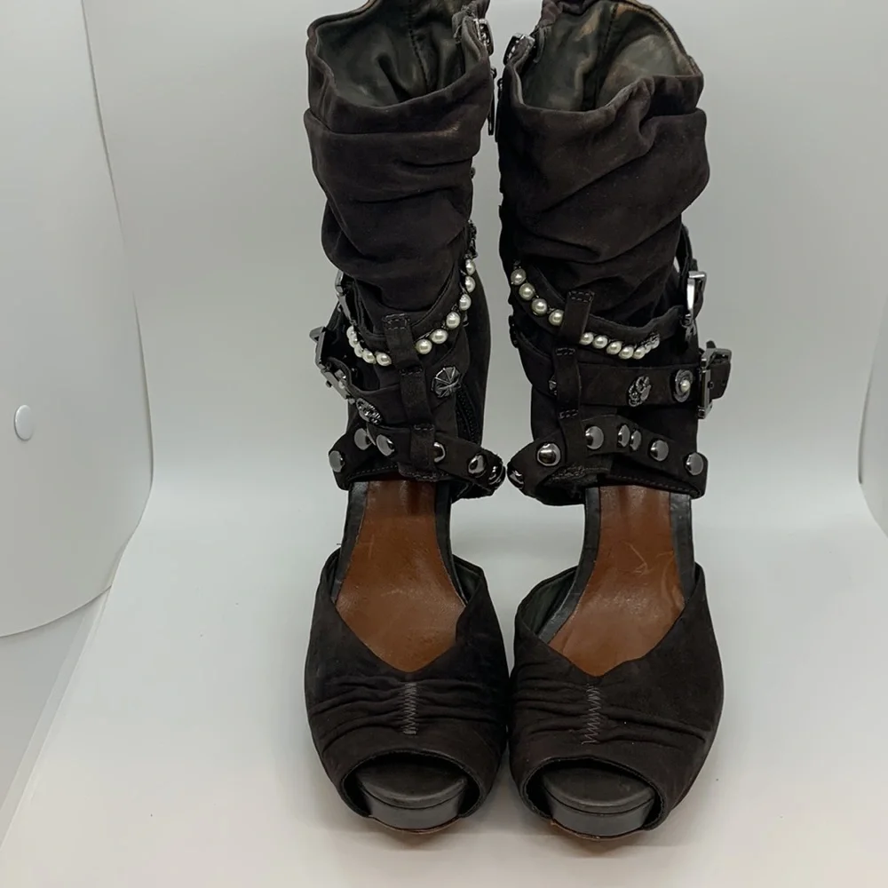 Schutz *Flawed Open Peep Toe Platform Heels Brown 10B Buckle Stud Pearl Accents